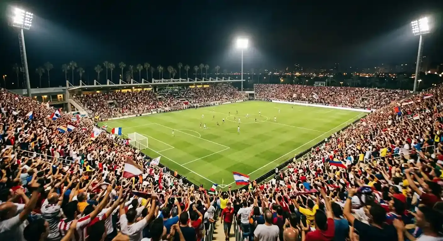 Stadio del Mondiale 2026 a cielo aperto in una notte umida, campo verde illuminato, atmosfera di festa sugli spalti