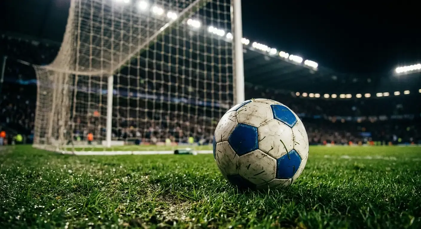 Dettaglio di un pallone da calcio sul terreno di gioco illuminato di uno stadio, tribune sfocate sullo sfondo