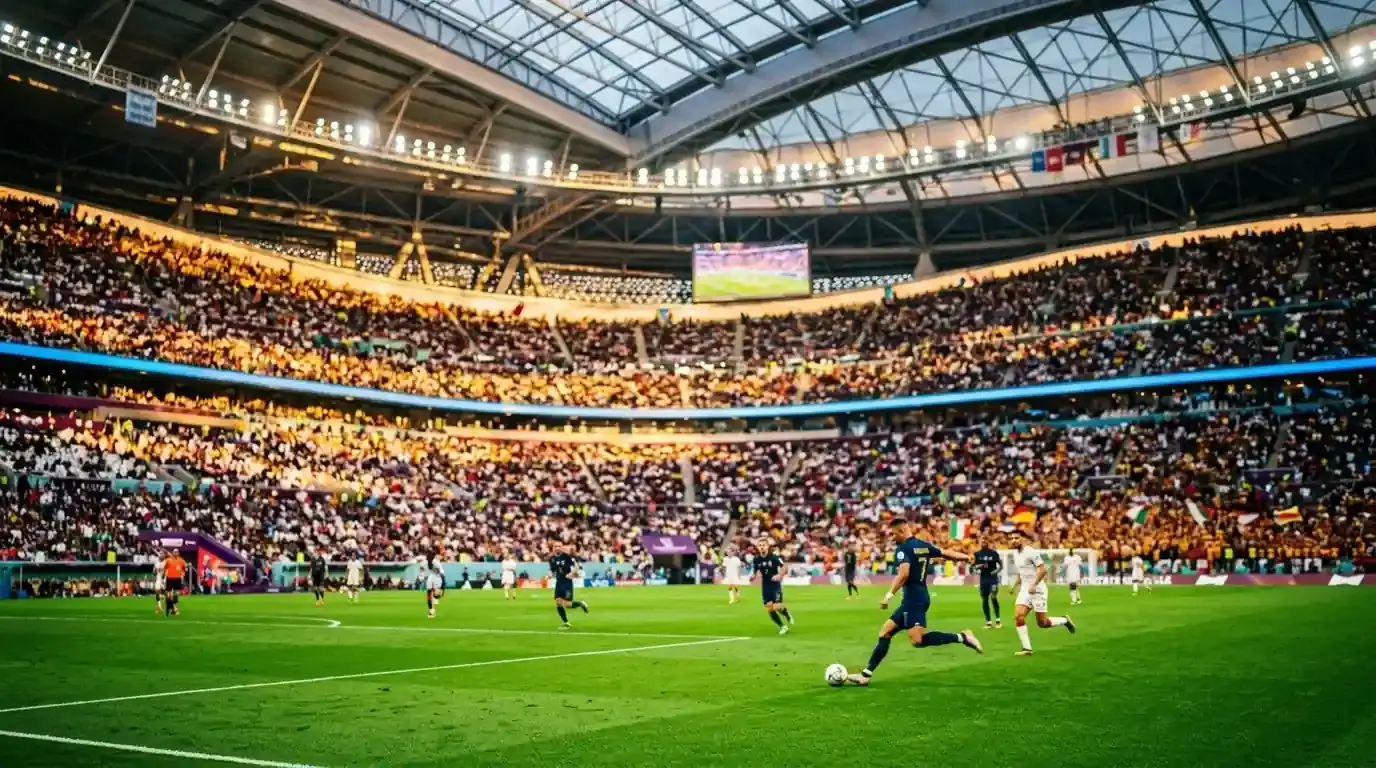 Stadio del Mondiale 2026 col tetto chiuso, illuminato per una grande sfida pomeridiana, campo verde e spalti gremiti