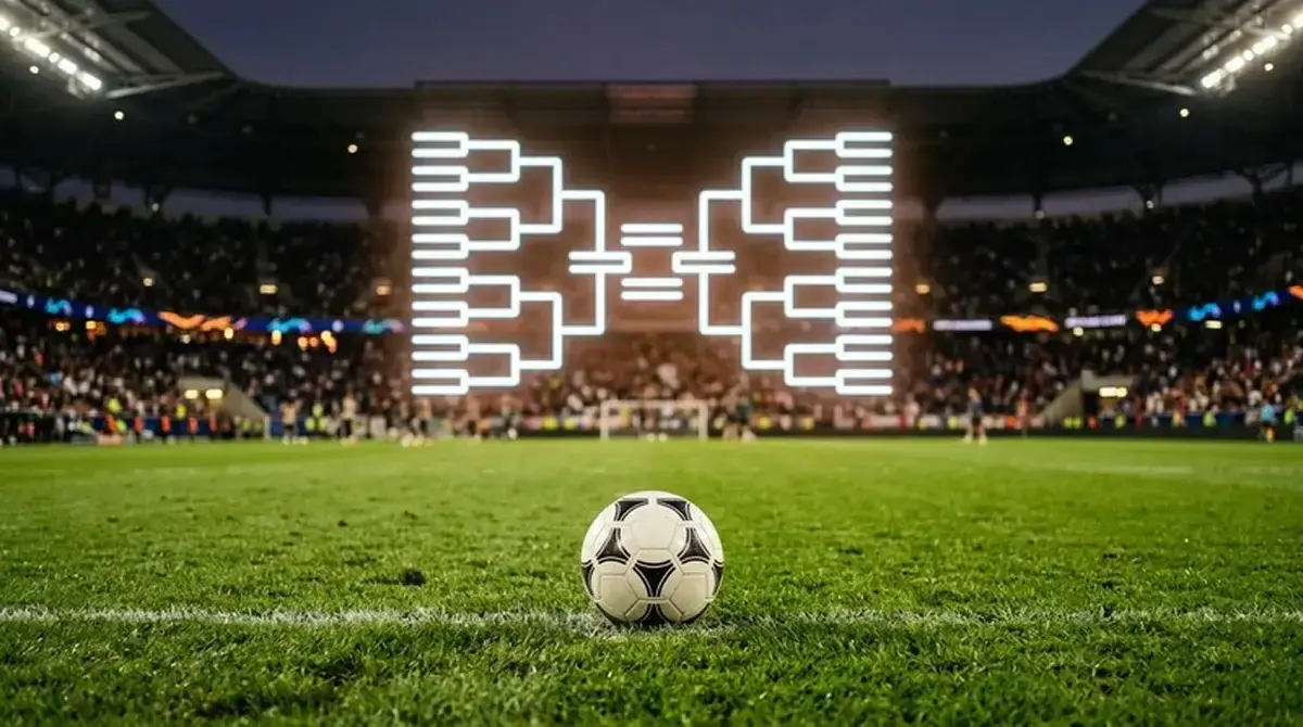 Pallone su un terreno verde illuminato con il tabellone della fase finale sullo sfondo