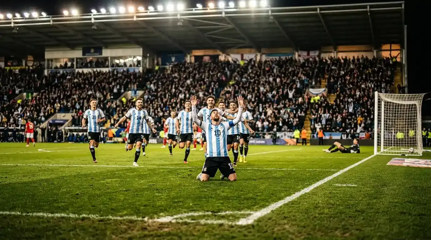 Stadio di sera con tifosi argentini in lacrime sotto le luci, abbraccio fra tre calciatori albiceleste dopo un gol al 90+2'