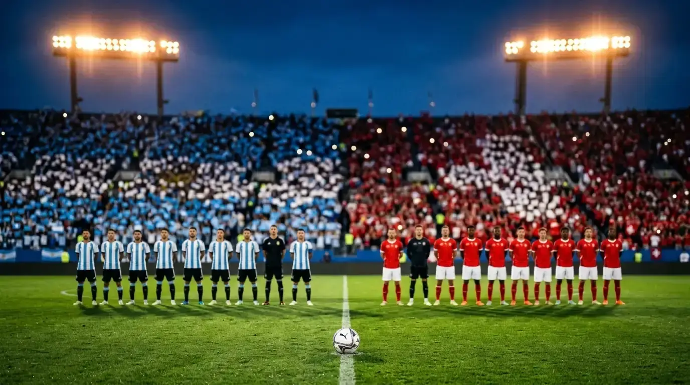Stadio Arrowhead di Kansas City illuminato di notte, due schieramenti albiceleste e rossocrociato prima del fischio d'inizio, atmosfera da quarto di finale
