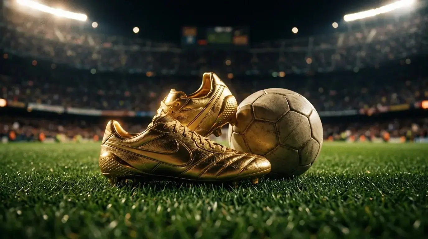 Scarpa d'oro e pallone su un campo da calcio illuminato, simbolo della corsa al capocannoniere del Mondiale