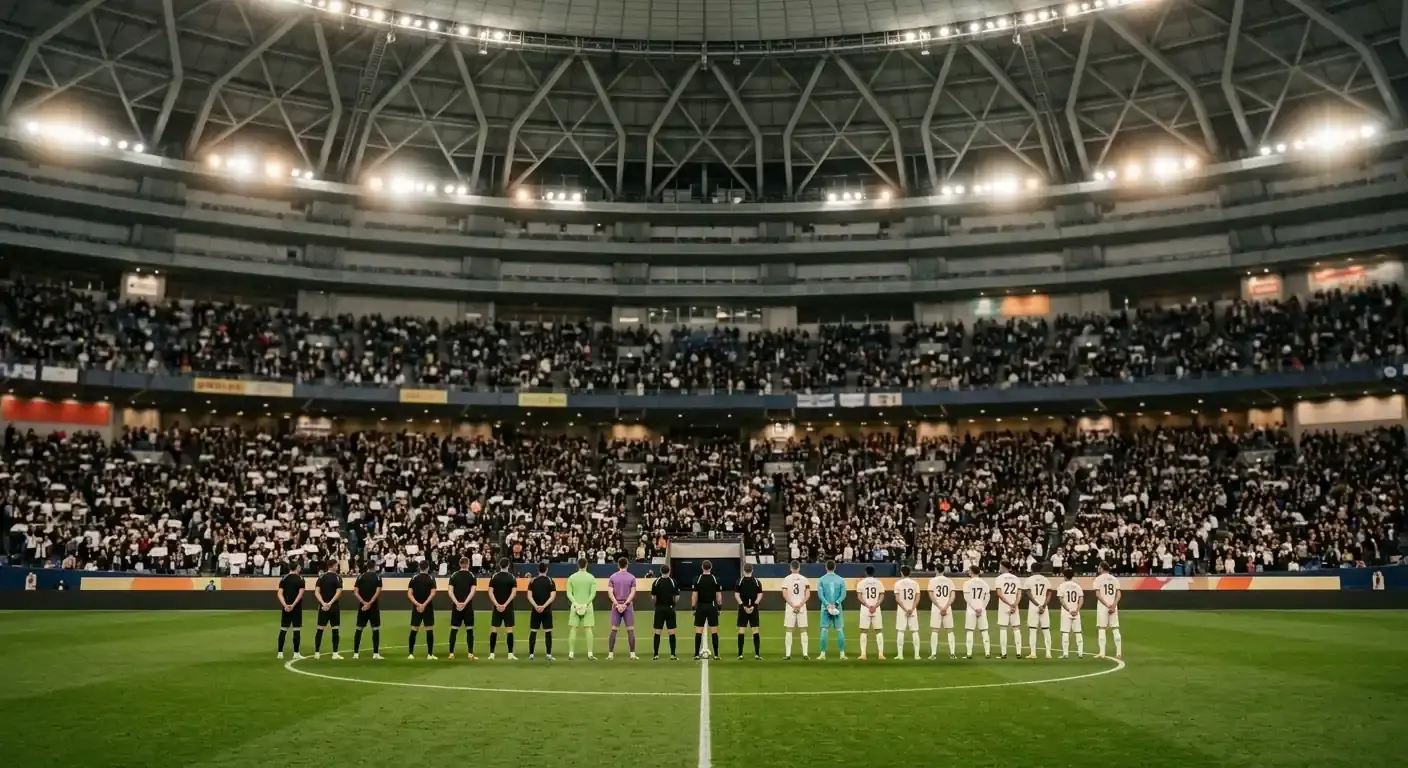 Stadio con tetto chiuso e campo illuminato artificialmente, due squadre schierate a centrocampo per l'inno prima di una grande partita, tribune gremite