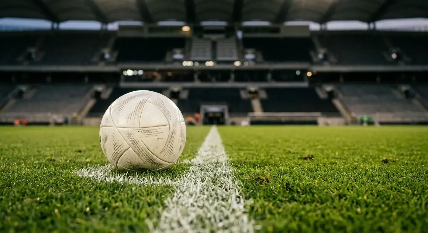 Pallone da calcio fermo sul dischetto del calcio d'inizio in uno stadio illuminato, campo verde perfetto, atmosfera di attesa prima di una grande partita