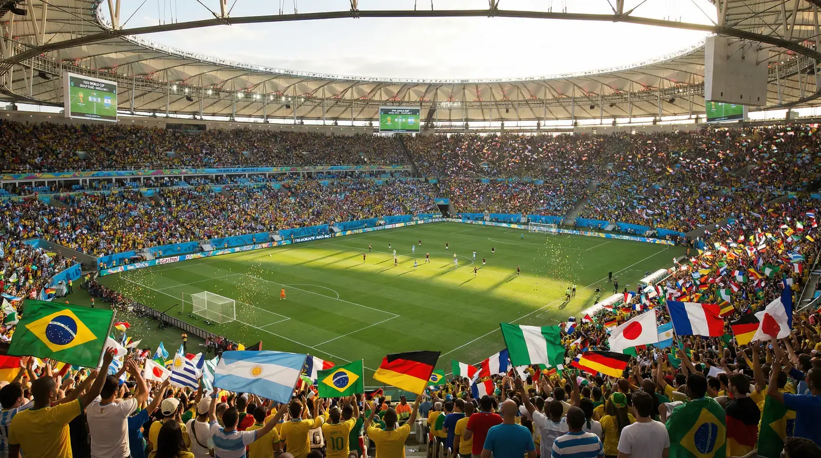 Tifosi sugli spalti di uno stadio durante la fase a gironi di un Mondiale di calcio con bandiere di diverse nazioni