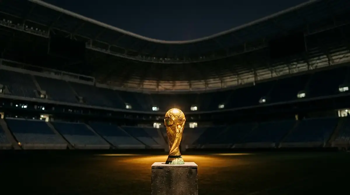 Trofeo del Mondiale illuminato al centro di uno stadio buio, tribune sfocate sullo sfondo, atmosfera solenne prima della finale