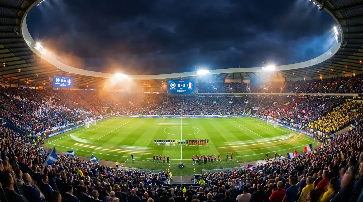 Stadio illuminato durante una partita notturna del Mondiale di calcio con spalti gremiti di tifosi