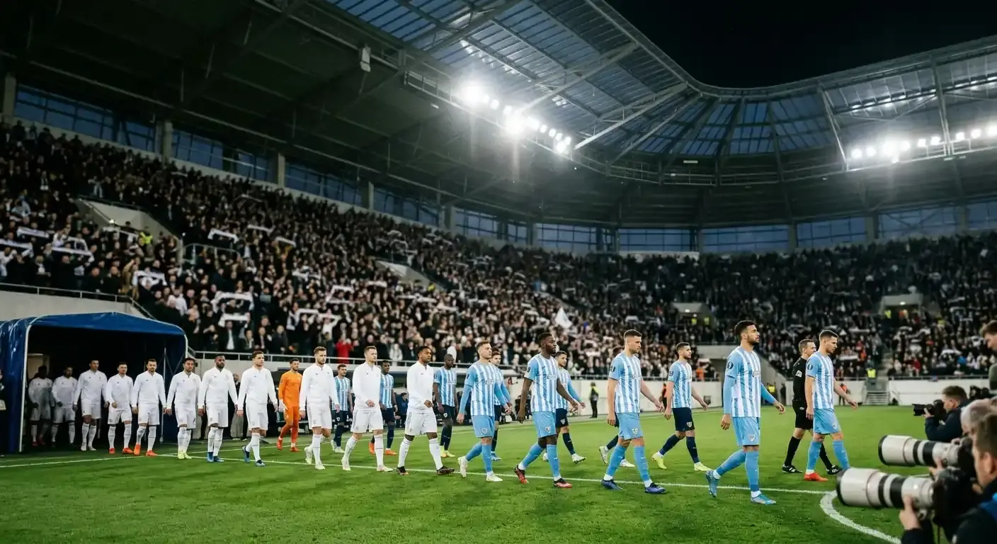 Stadio con tetto chiuso di sera, due squadre in maglia bianca e in maglia biancoceleste che entrano in campo affiancate, atmosfera elettrica da grande sfida