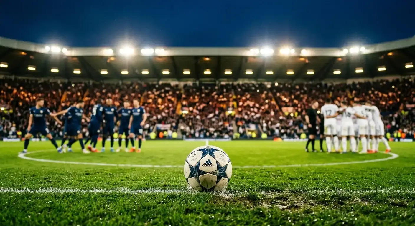 Pallone in primo piano su un campo illuminato, due gruppi di calciatori sfocati sullo sfondo pronti al fischio d'inizio, atmosfera da semifinale