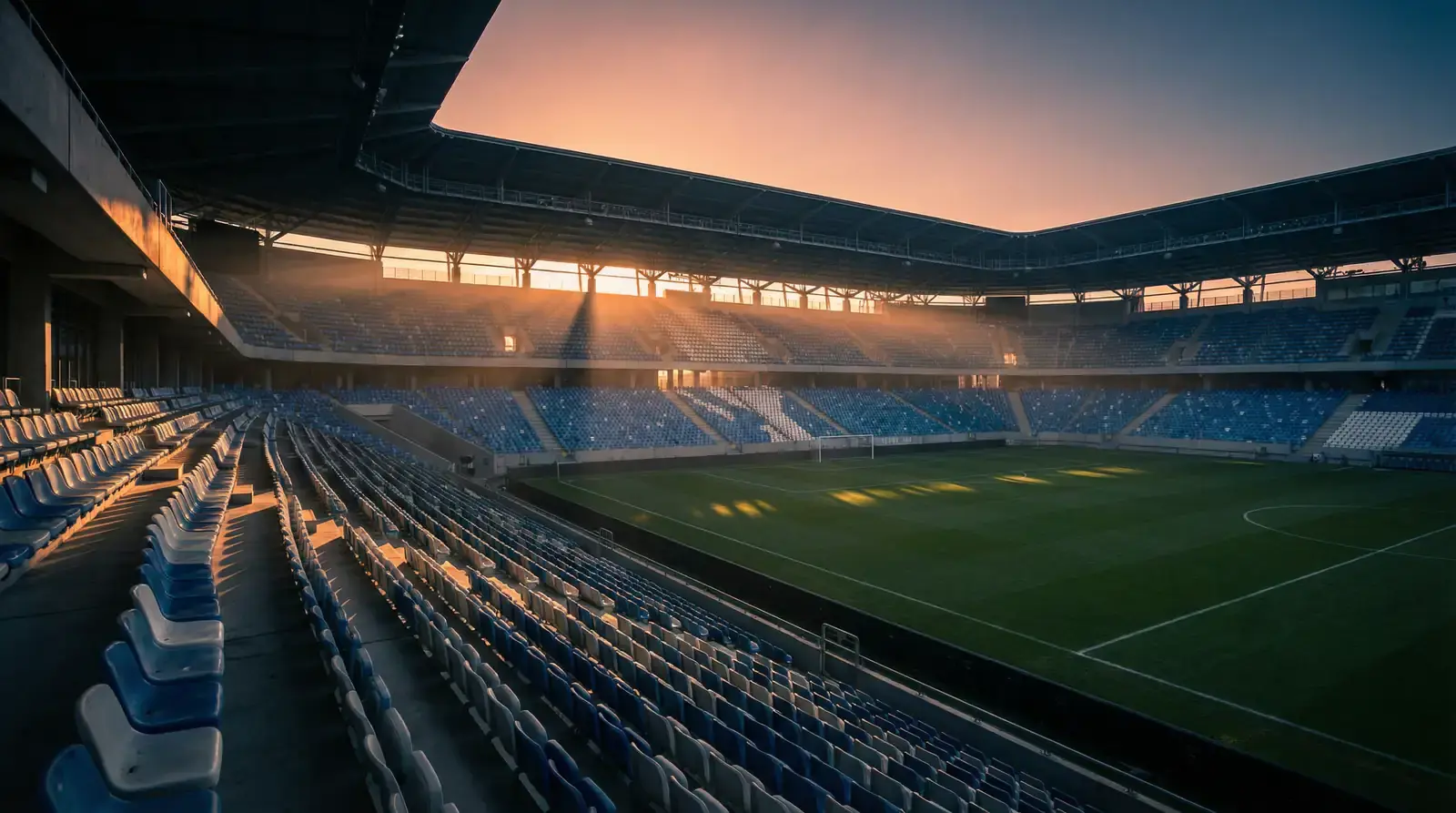 Spalti vuoti di uno stadio di calcio al tramonto con il campo verde illuminato dalle ultime luci del giorno