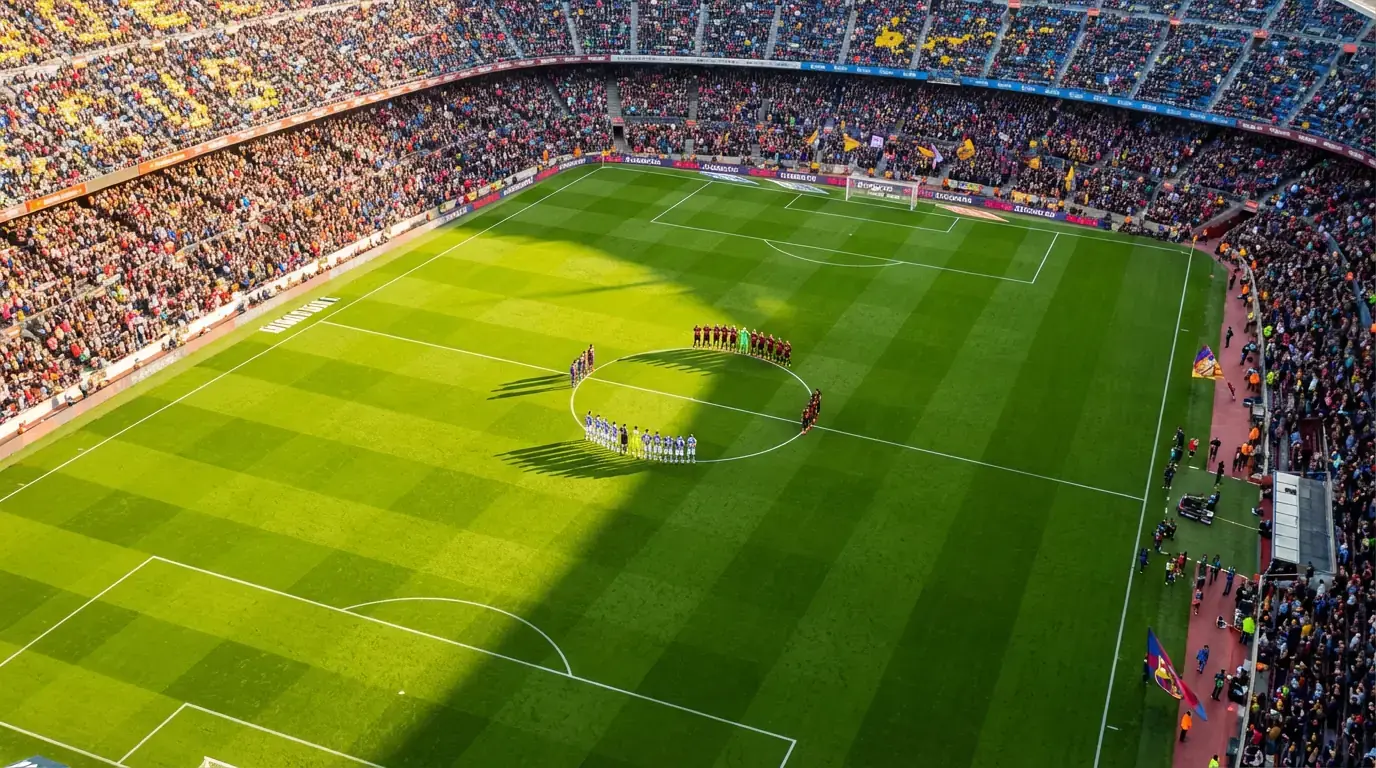 Campo da calcio visto dall'alto durante una partita internazionale con le squadre schierate a centrocampo