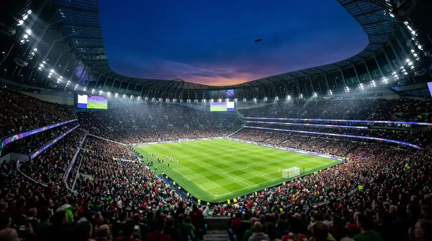 Stadio del Mondiale 2026 gremito in serata prima del big match, riflettori accesi sul terreno verde