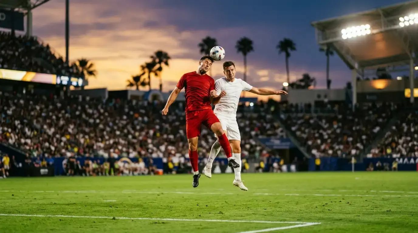 Stadio Hard Rock di Miami al tramonto, due gruppi di calciatori in tinte rosse e bianche schierati per il fischio d'inizio, atmosfera da quarto di finale