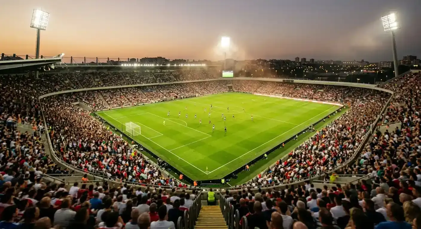 Stadio del Mondiale 2026 a cielo aperto in una serata estiva, campo verde illuminato dai riflettori, atmosfera da grande sfida