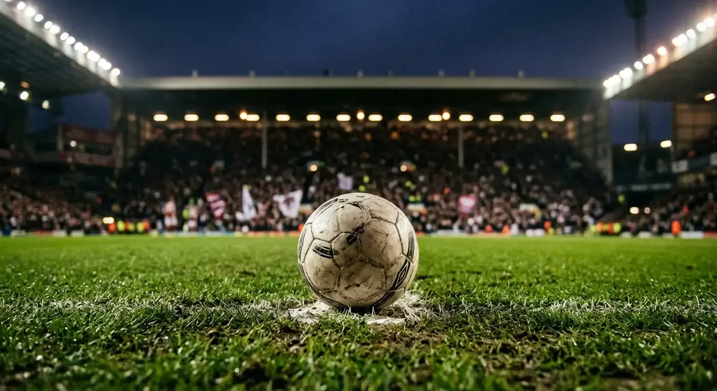 Dettaglio di un pallone fermo sul dischetto del campo illuminato, con le tribune sfocate sullo sfondo