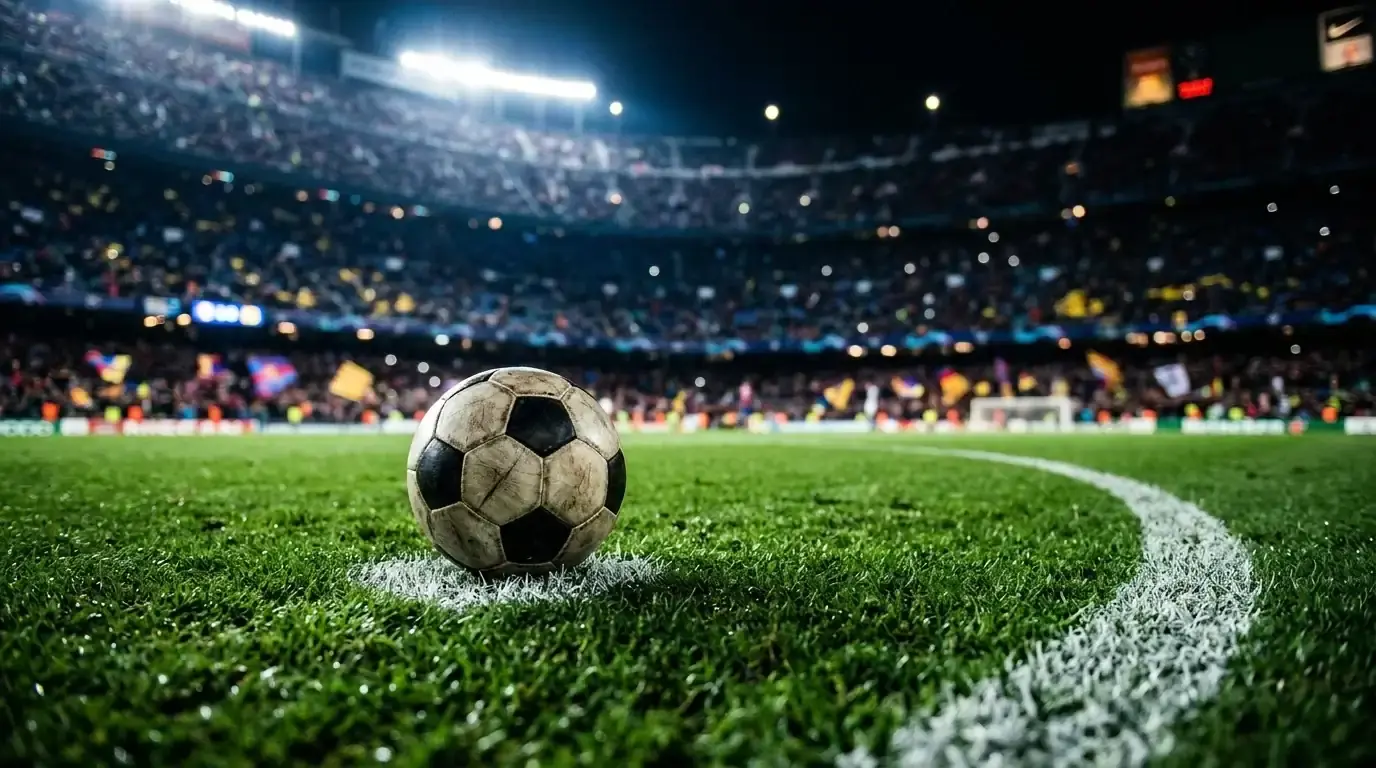 Dettaglio di un pallone sul dischetto del rigore in uno stadio illuminato, tribune sfocate sullo sfondo