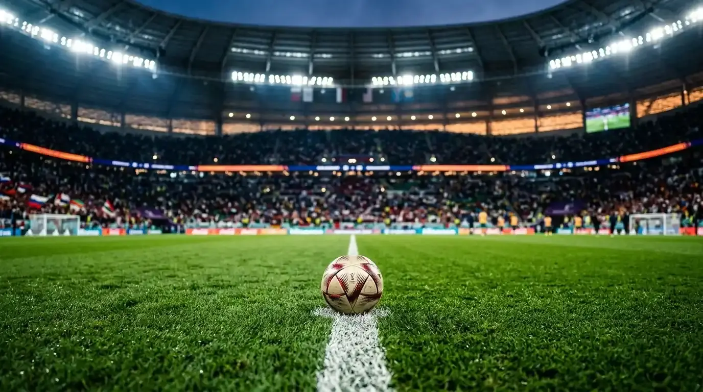 Pallone del Mondiale 2026 sul cerchio di centrocampo di uno stadio illuminato poco prima del fischio d'inizio