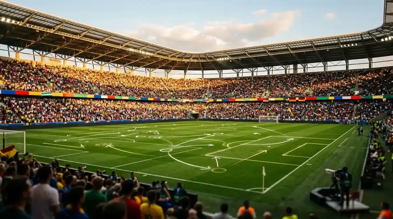 Veduta dall'alto di uno stadio moderno con tetto aperto, terreno di gioco color smeraldo, spalti pieni per un ottavo di finale pomeridiano