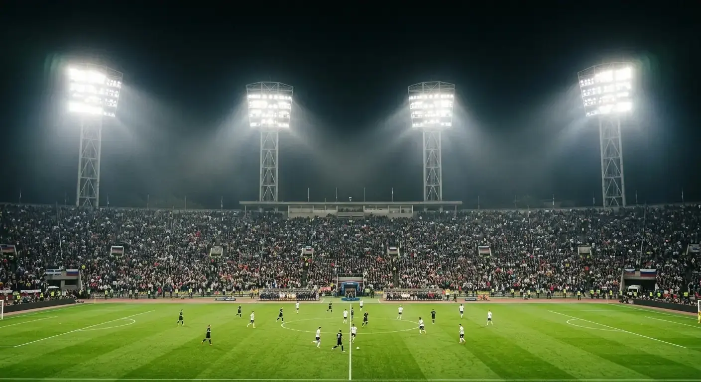 Quattro riflettori di uno stadio moderno accesi contro il cielo notturno, campo verde illuminato in basso, atmosfera solenne da fase finale