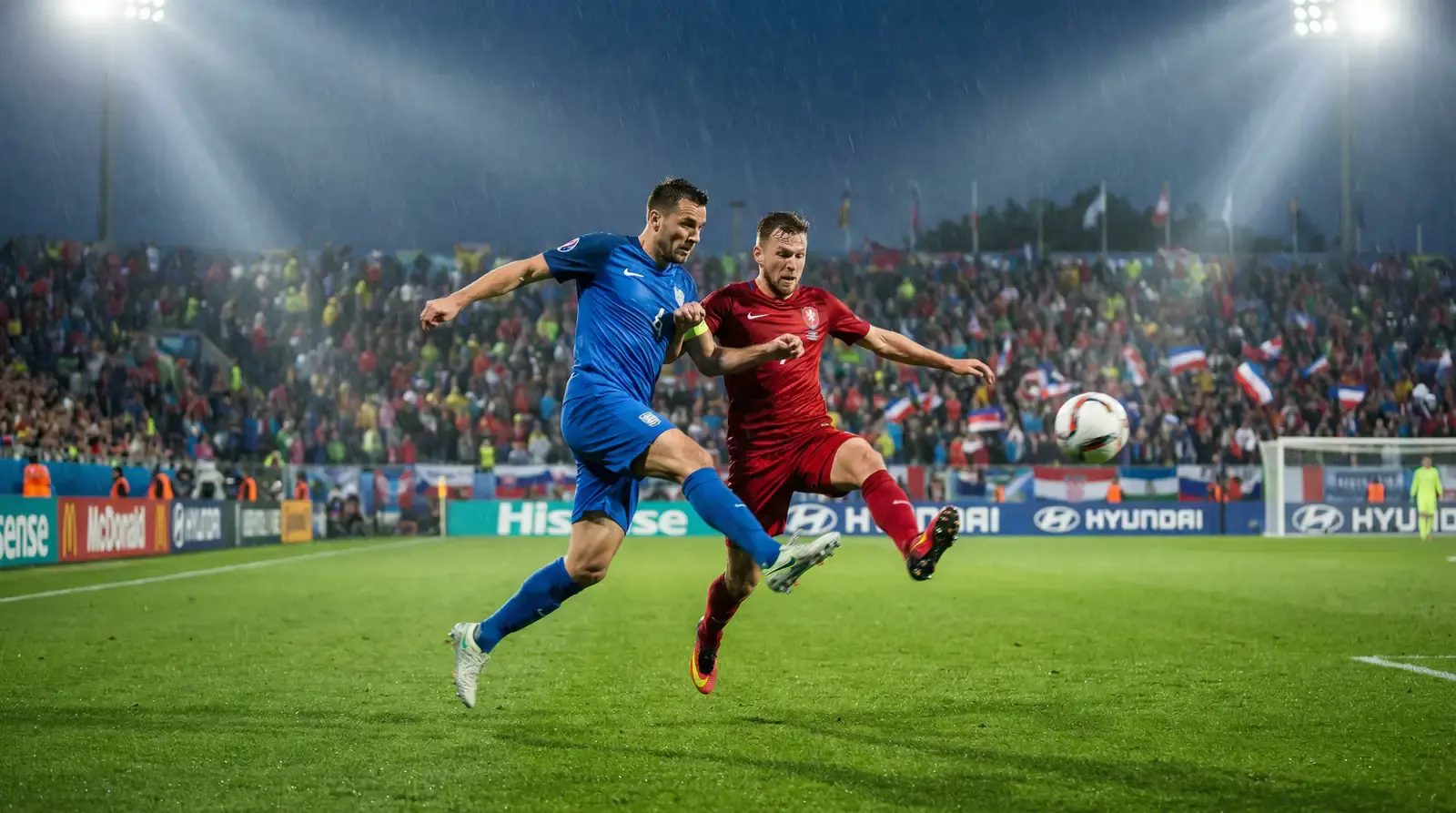 Giocatori di calcio in azione durante una partita serale di un grande torneo internazionale