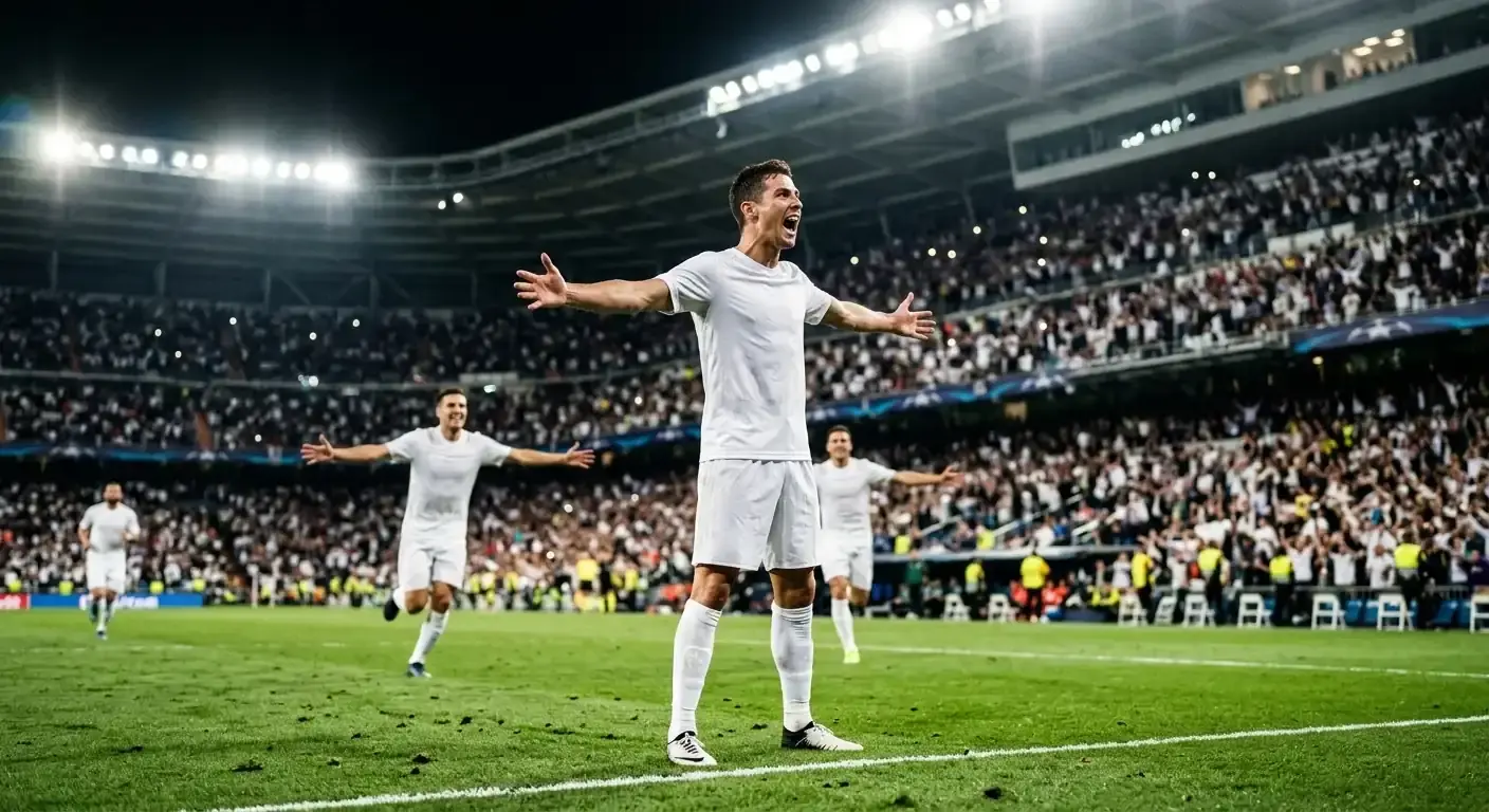 Stadio di sera sotto le luci, calciatore in maglia bianca esulta dopo un gol nei tempi supplementari, tifosi in piedi sulle tribune