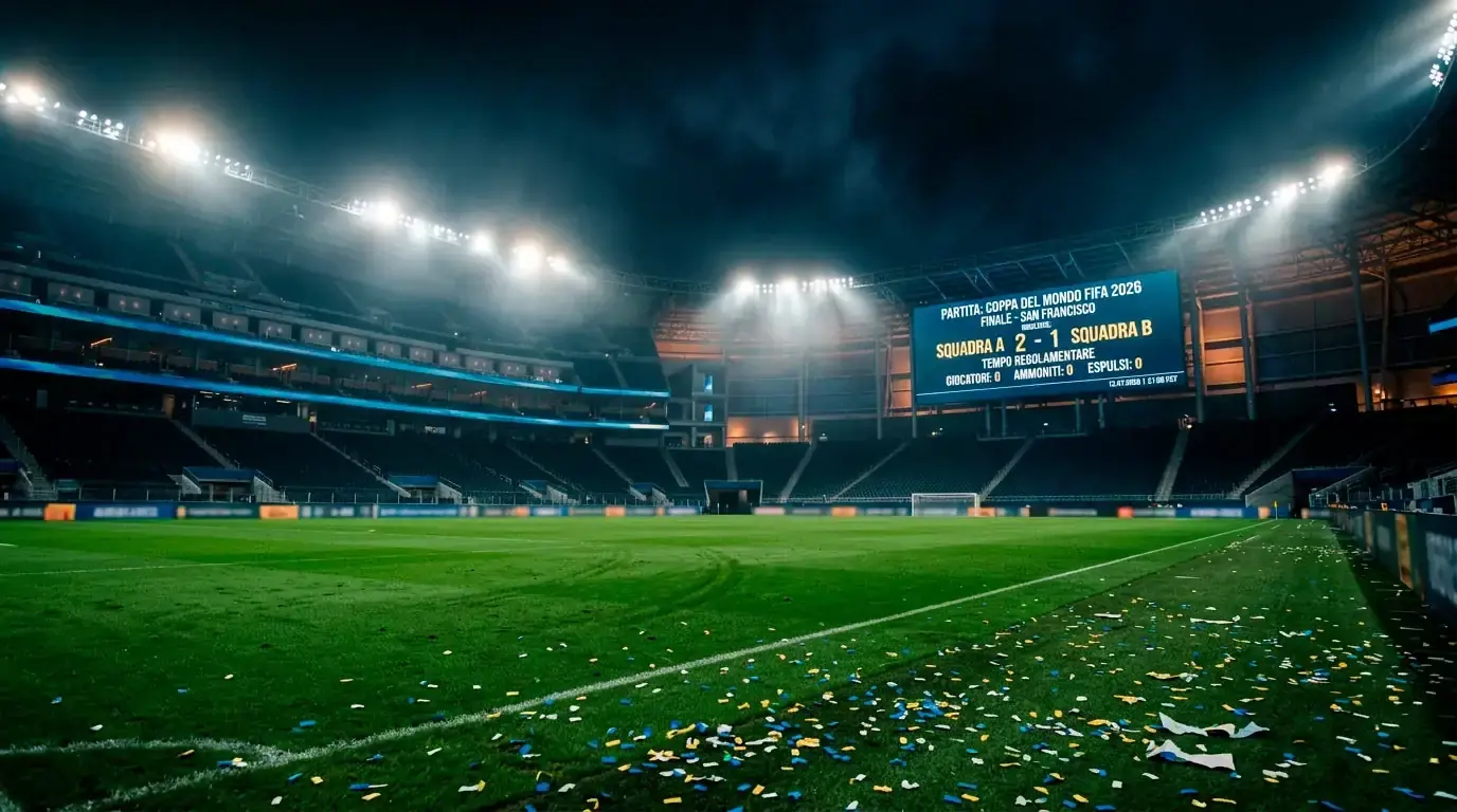 Stadio del Mondiale 2026 illuminato dopo la giornata del 21 giugno con il tabellone acceso