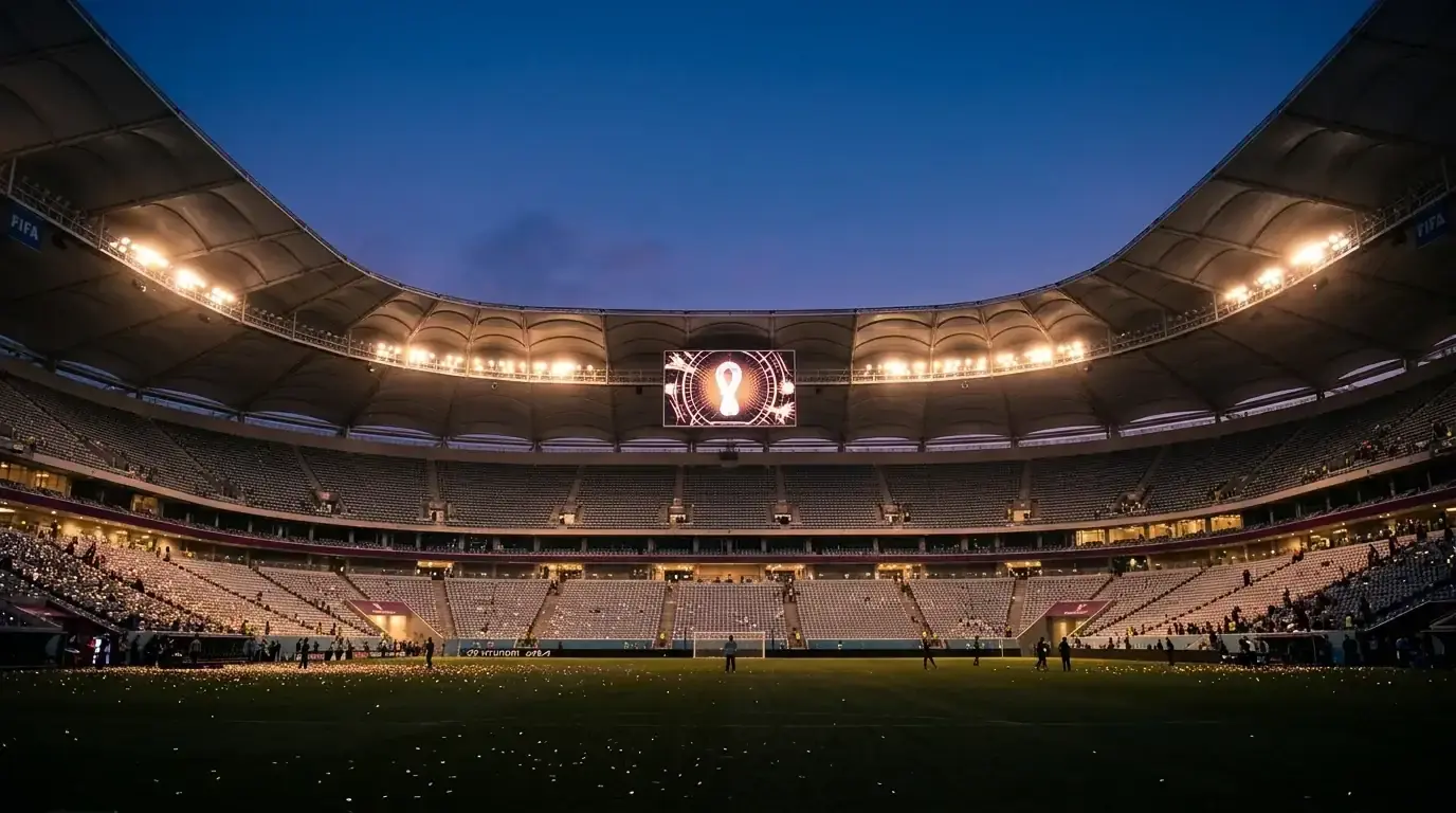 Stadio del Mondiale 2026 illuminato a fine serata con il tabellone dei risultati acceso