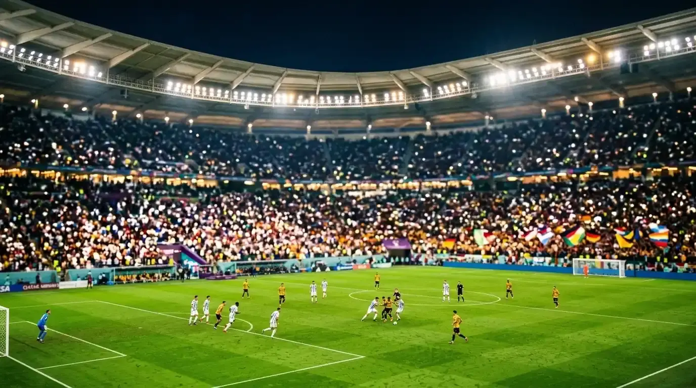 Stadio del Mondiale 2026 illuminato di notte, campo verde e tribune piene, atmosfera da fase a eliminazione diretta