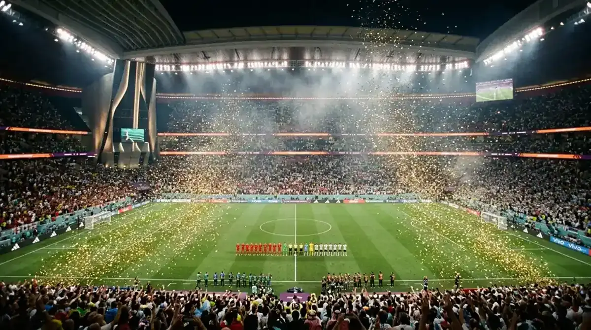 Due squadre schierate a centrocampo sotto le luci di uno stadio gremito prima della finale, coriandoli dorati nell'aria, atmosfera solenne