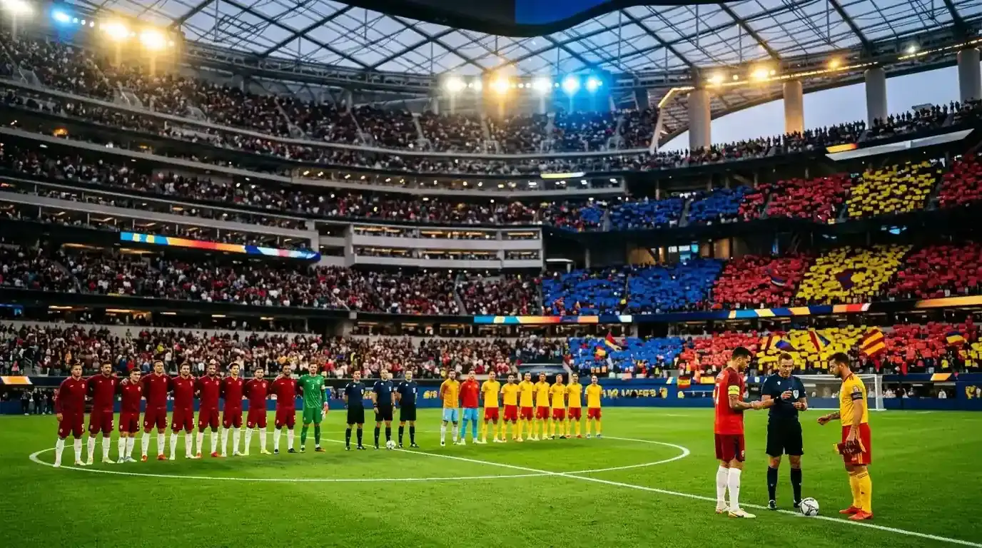 Veduta dello stadio SoFi di sera, campo illuminato, due curve di tifosi con colori contrastanti rosso e giallo, atmosfera da quarto di finale
