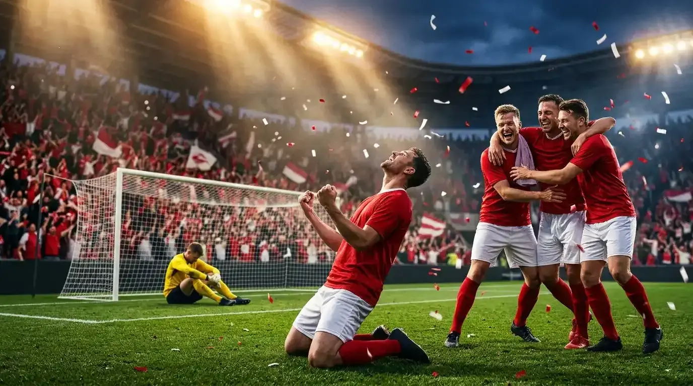 Stadio BC Place di Vancouver di notte, tifosi svizzeri con le braccia alzate in festa, calciatori rossocrociati che si abbracciano dopo un rigore decisivo