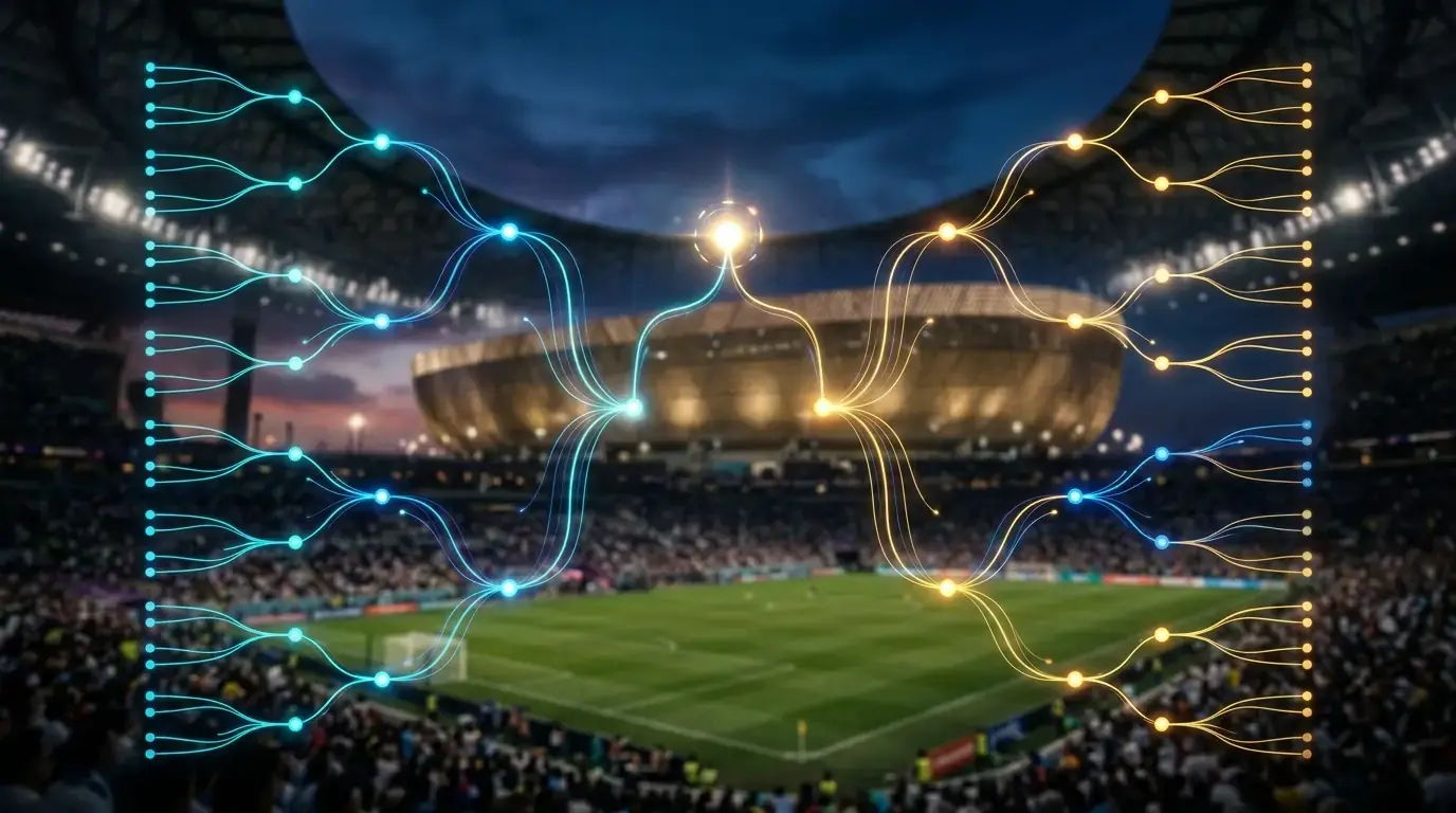 Grafica evocativa di un tabellone a eliminazione diretta, con uno stadio illuminato sullo sfondo, atmosfera da fase finale del Mondiale