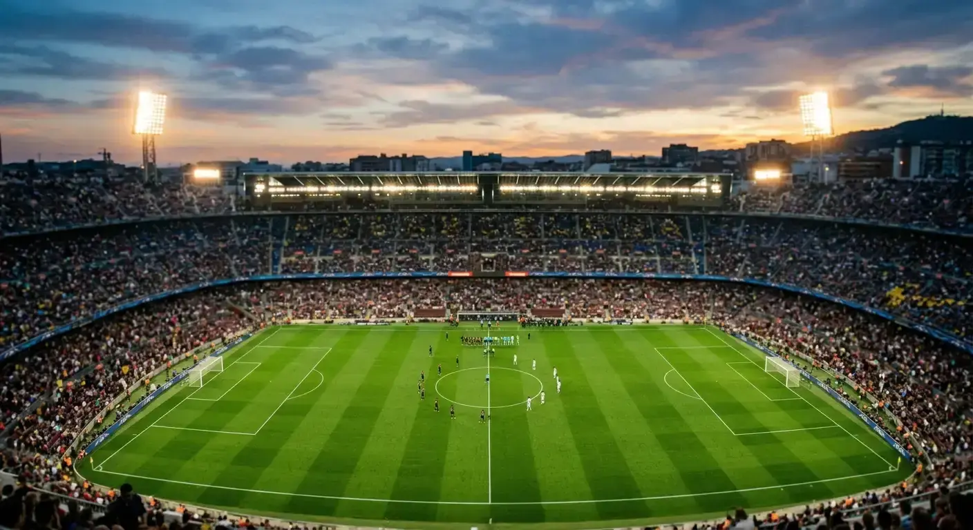 Stadio del Mondiale 2026 a cielo aperto illuminato di sera, gradinate gremite in attesa del sedicesimo di finale