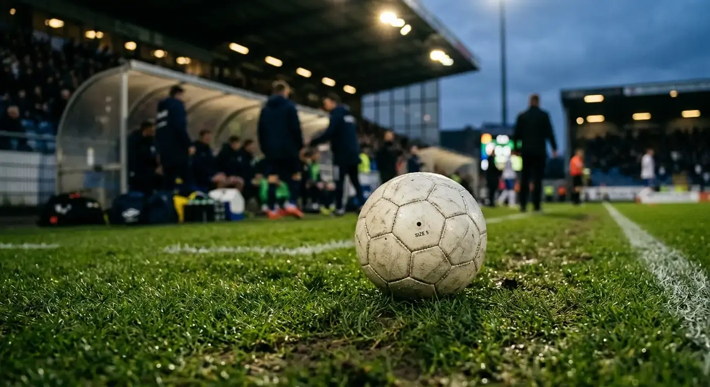 Dettaglio di un pallone da calcio sul terreno di gioco illuminato, con la panchina sullo sfondo sfocato